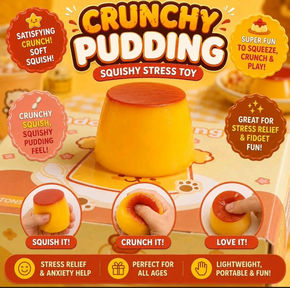Crunchy Pudding Squishy Stress Toy Yellow with Caramel Top